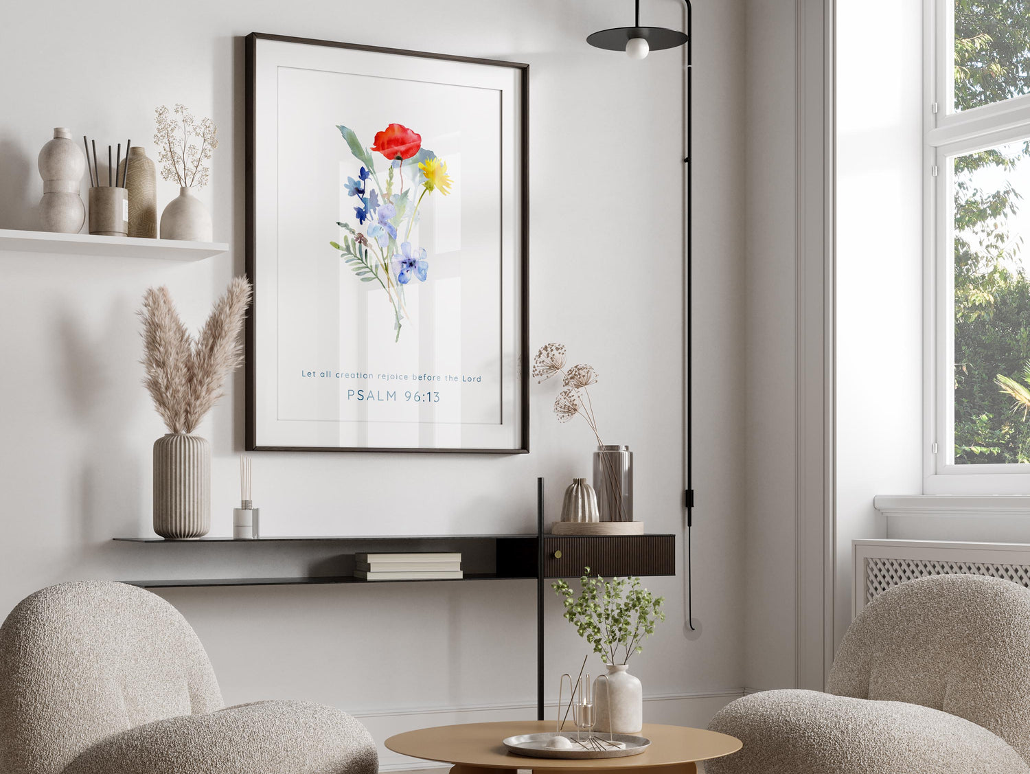 Add grace to your space with a watercolor wildflower bouquet, including poppies and Psalm 96:13 verse - Let all creation rejoice before the Lord