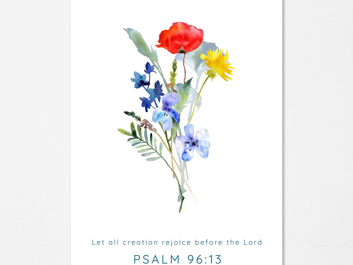 Elegant floral church wall art - Let all creation rejoice before the Lord, watercolor wildflower print with poppies, Psalm 96:13 reference.