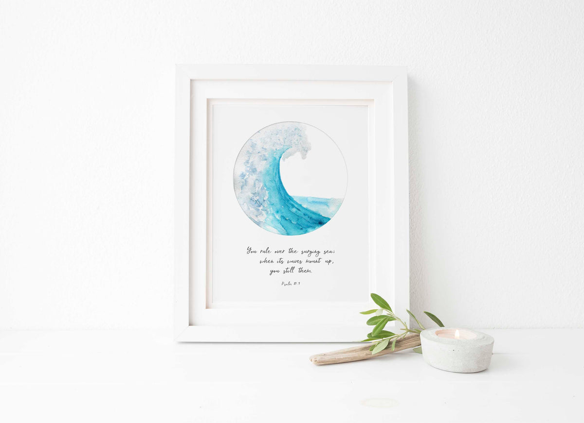 Psalm 89:9 - Ocean christian wall art with turquoise crashing wave and You Rule Over Surging Sea scripture.
