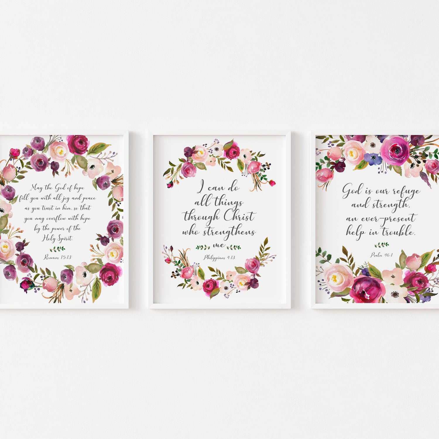 Encouraging Bible verses with floral illustrations in shades of pink and burgundy, Pink and burgundy floral Scripture prints