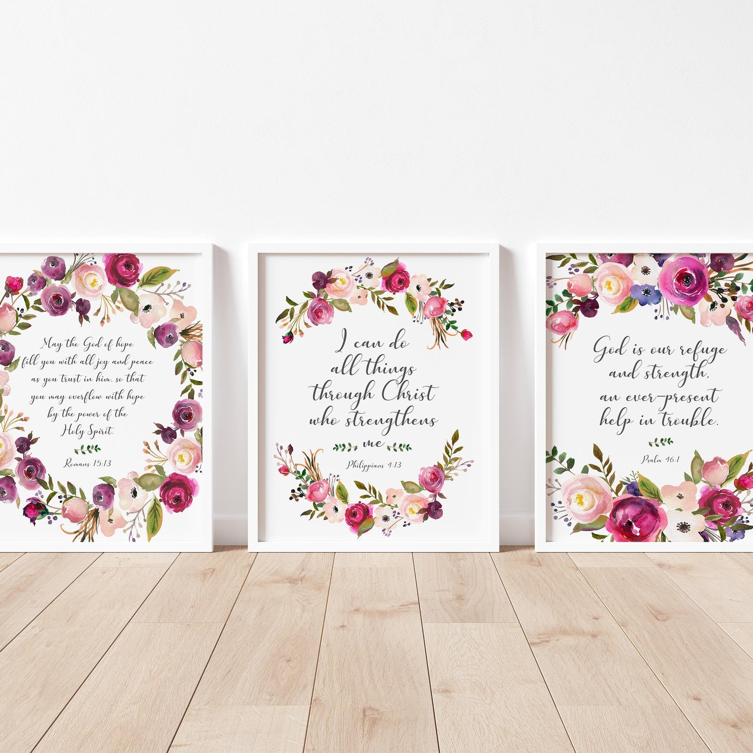 Floral Bible verse wall art with pink and burgundy flowers, Inspirational scripture prints with pink and burgundy floral designs