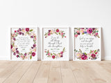 Floral Bible verse wall art with pink and burgundy flowers, Inspirational scripture prints with pink and burgundy floral designs