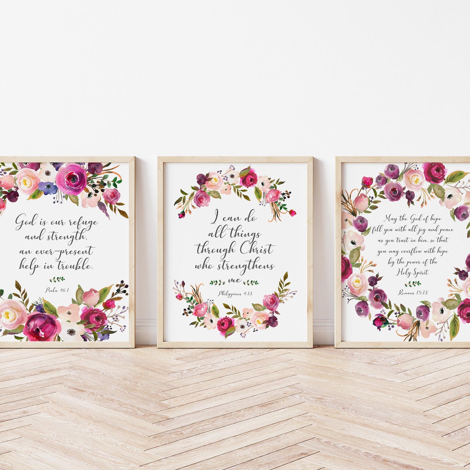 Biblical quotes with vibrant pink and burgundy flower arrangements, Inspirational wall art with floral Bible verses in shades of pink