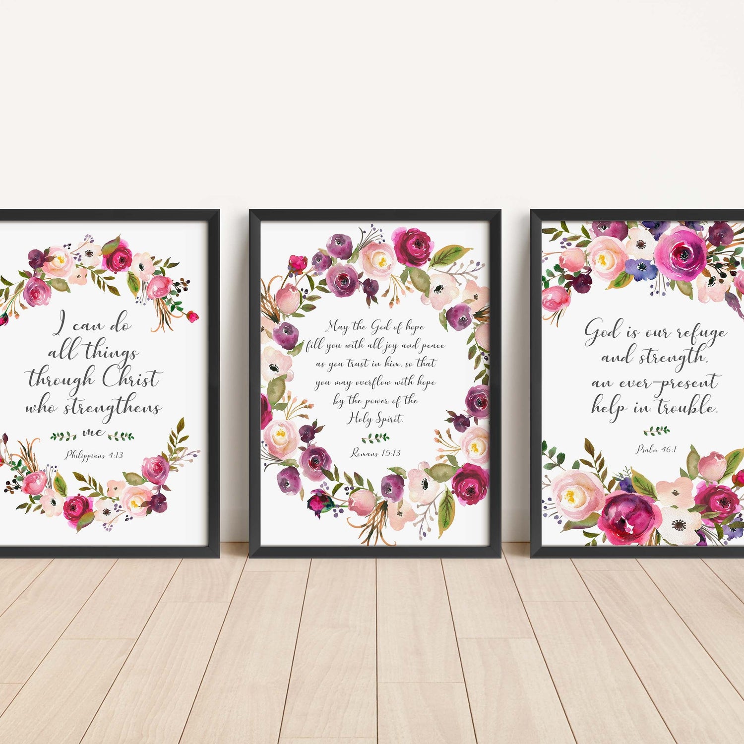 Pink and burgundy floral prints showcasing powerful Bible verses, Christian home decor with pink and burgundy flowers and uplifting scriptures