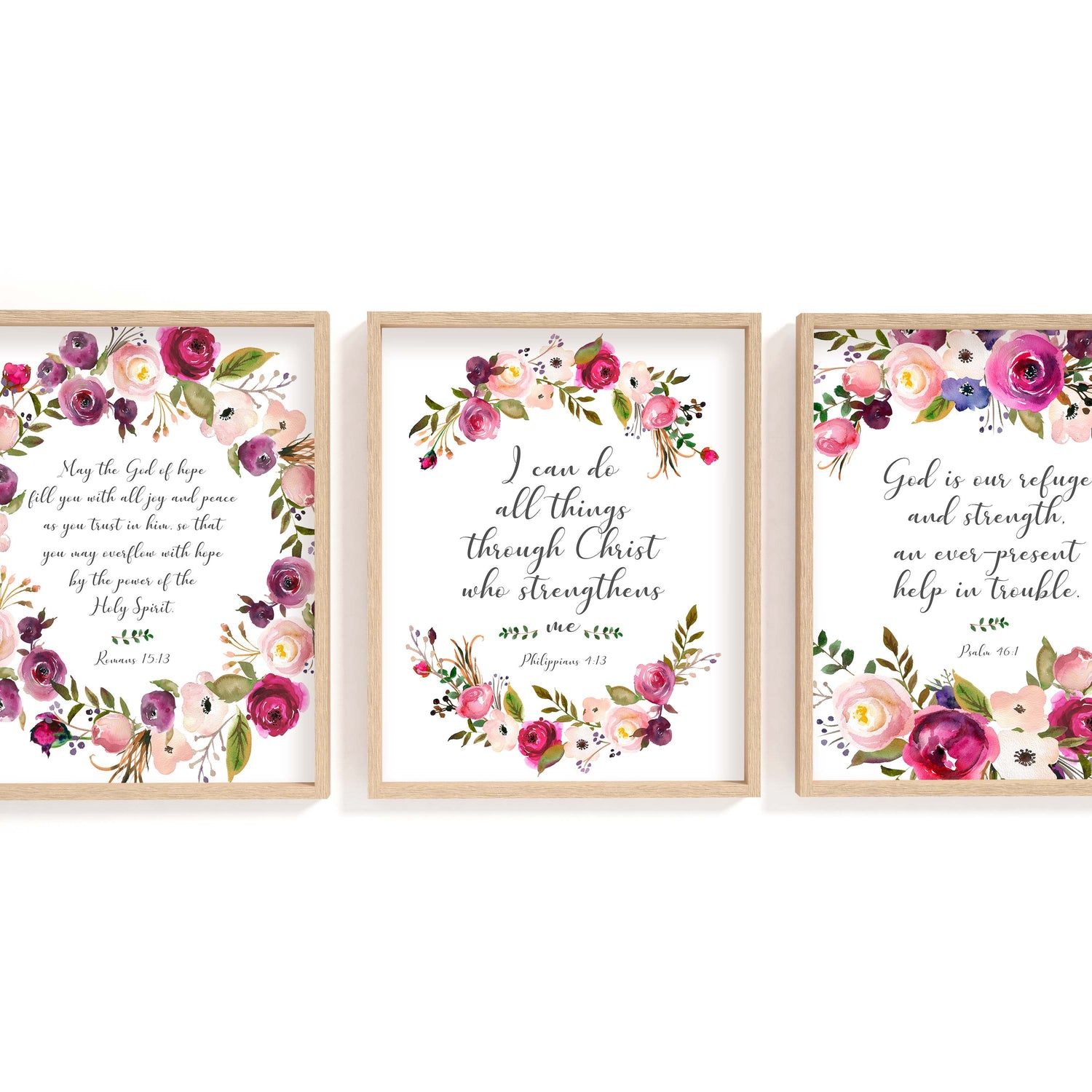 Pink and burgundy flower-themed Bible verse prints for home decor, Christian prints featuring quotes and floral motifs in pink