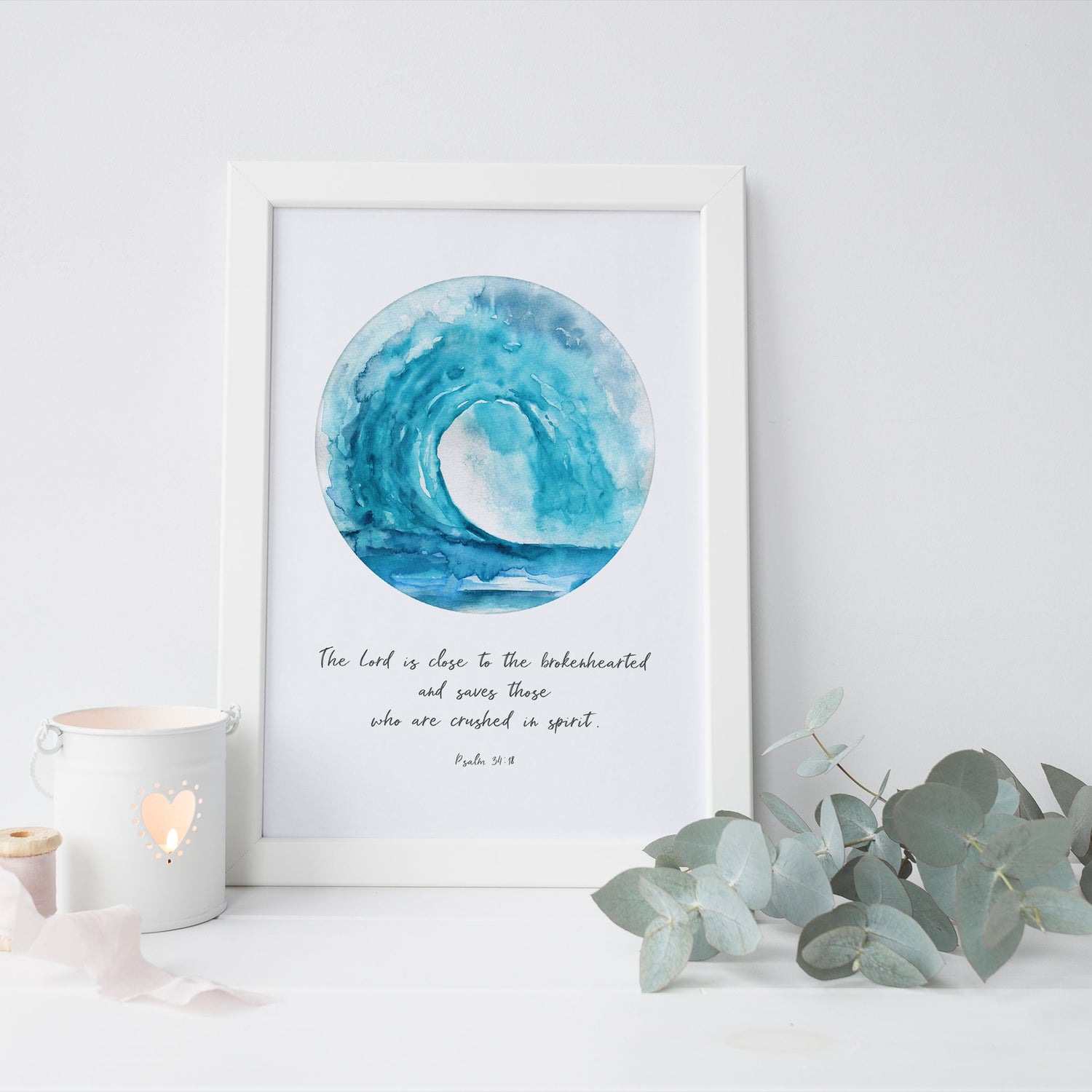 Watercolor Ocean Wave Wall Art, Grief Gift Christian, Printable Bible Verse Prints Man, Psalm 34 Print, Psalm 34 18 Art