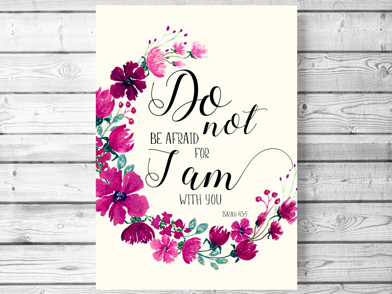 Bible Verses about Courage, Inspirational Bible Verses about strength, Inspirational pink and purple floral artwork with Isaiah 43:5