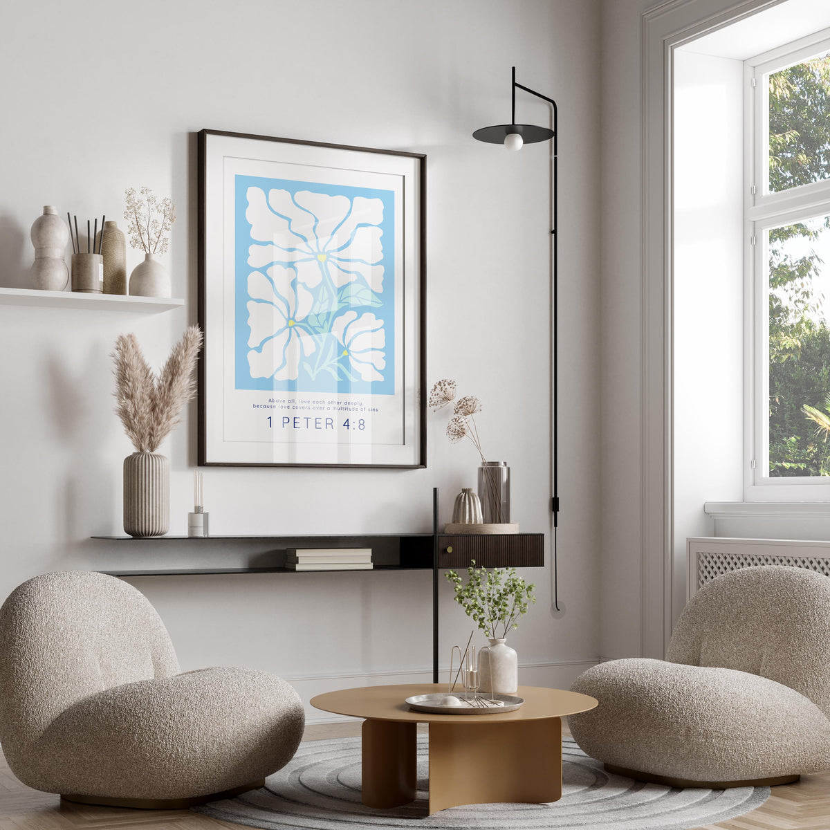 Transform your decor with a Matisse-style 1 Peter 4:8 print, showcasing 'Above all, love each other deeply' above delicate flowers on light blue