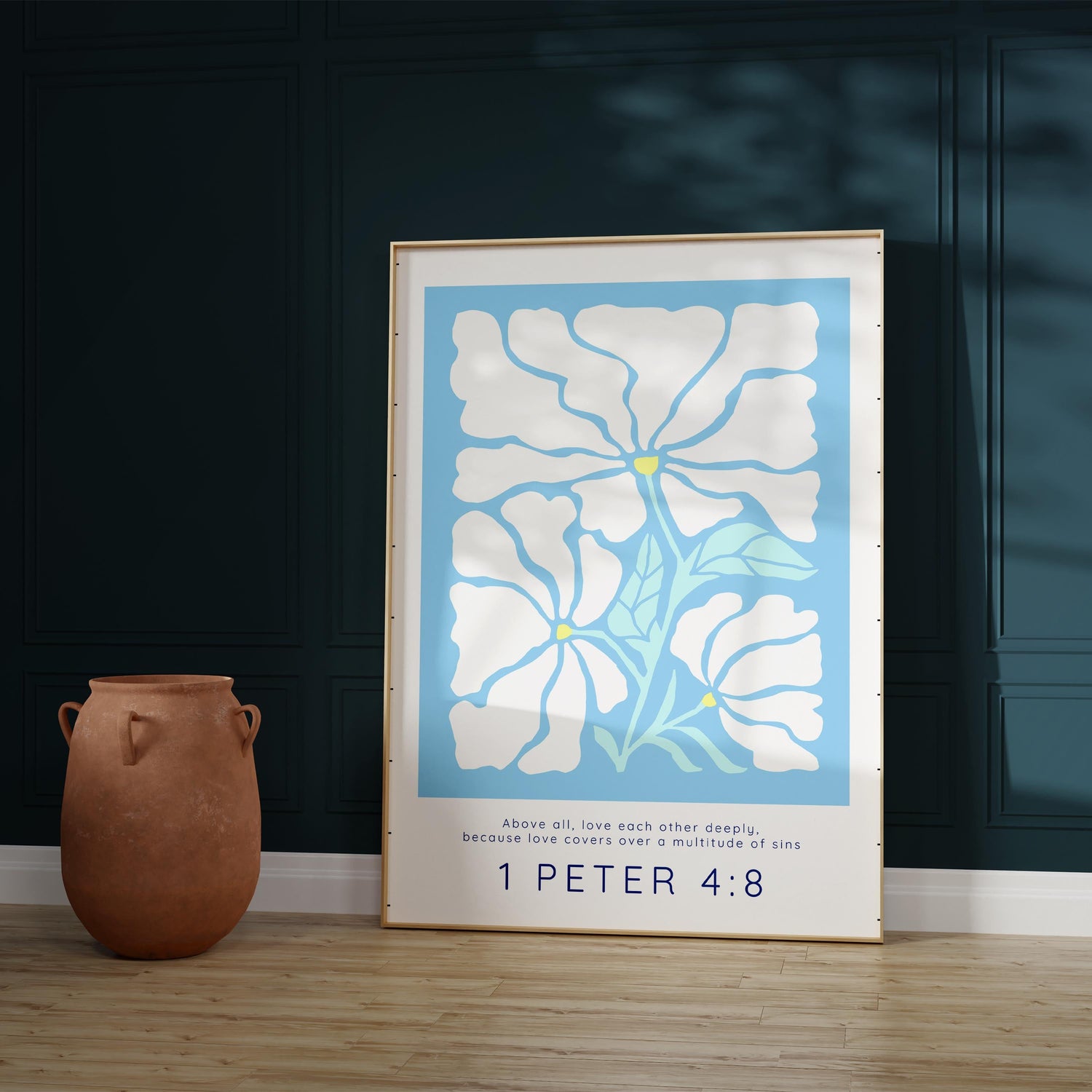 A captivating 1 Peter 4:8 print: 'Above all, love each other deeply,' complemented by Matisse-like flowers against a tranquil light blue background.