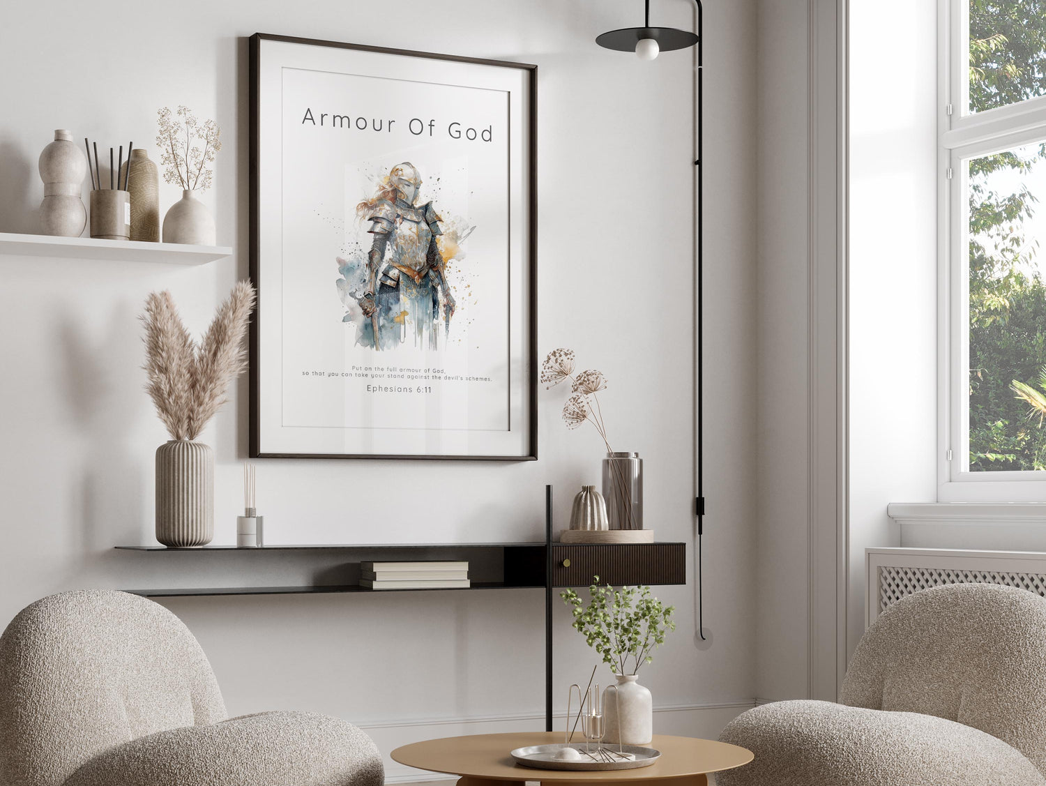 Watercolour depiction of spiritual resilience, Female warrior with Ephesians 6:11, Christian wall poster with scripture for women