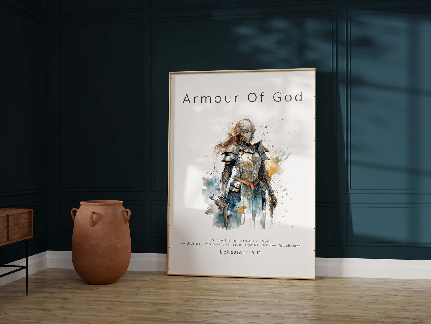 Spiritual watercolor scripture print, Elegant Armour of God poster, Ephesians 6:11 visual inspiration, Divine empowerment home decor