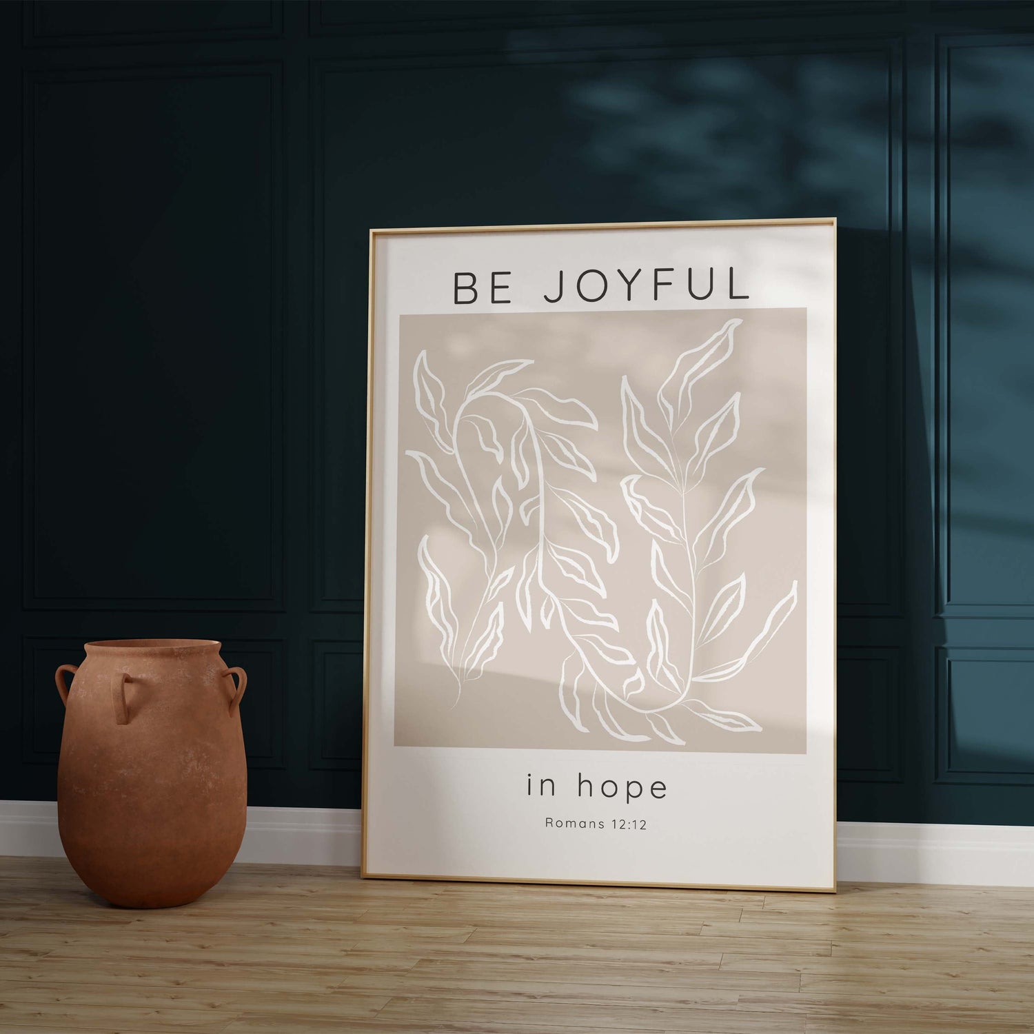 Neutral Toned 'Be Joyful in Hope' Scripture Print, Beige and White Leafy Motif Bible Verse Wall Decor, 'Be Joyful in Hope' Quote Print
