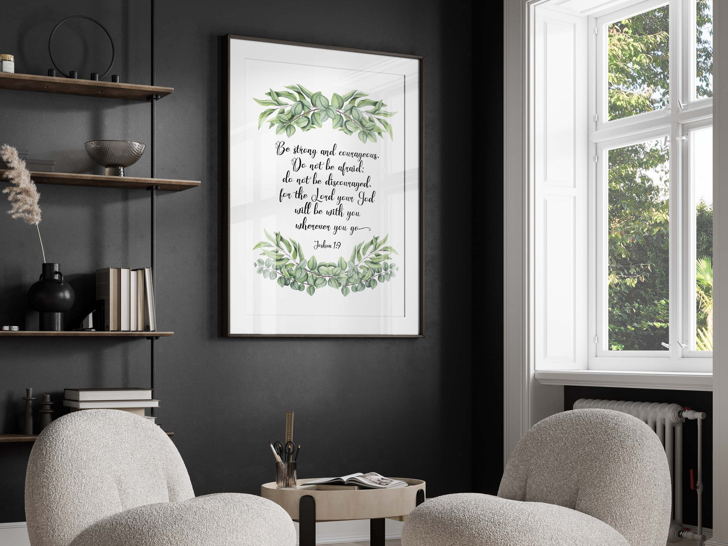 Spiritual Wall Art with Encouraging Quote and Botanical Theme, Joshua 1:9 Scripture Print for Stylish Interior Design