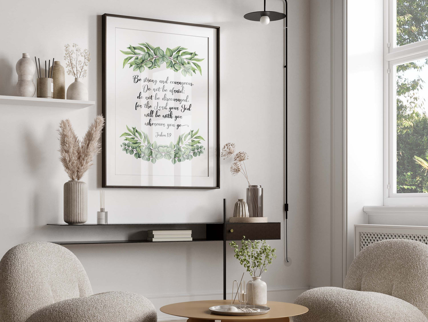 Whimsical Botanical Wall Art: "Be Strong and Courageous", Biblical Inspiration in Floral Design Joshua 1:9 Print