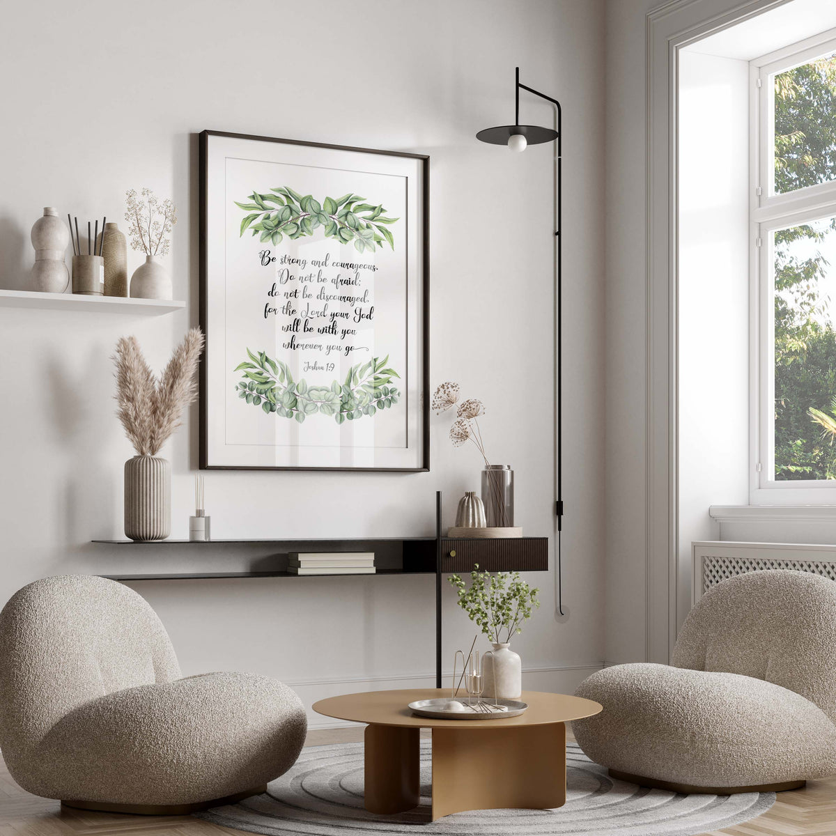 Whimsical Botanical Wall Art: "Be Strong and Courageous", Biblical Inspiration in Floral Design Joshua 1:9 Print