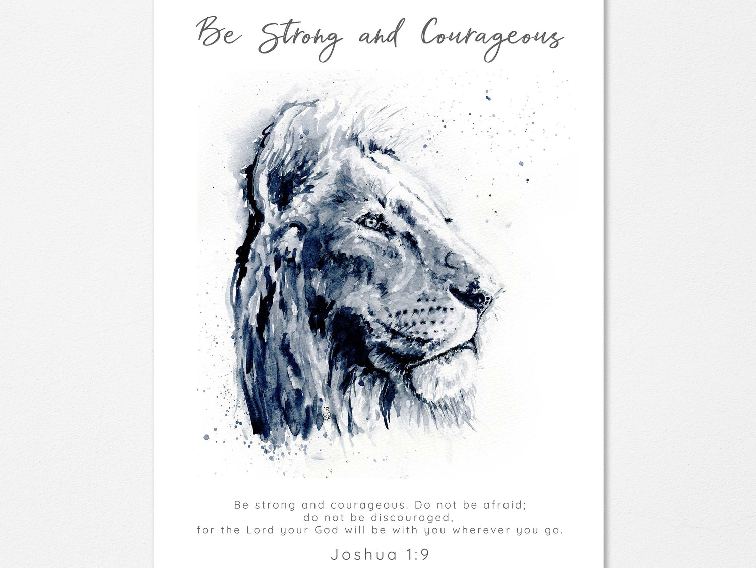Joshua 1:9 – Black and white watercolour lion Bible verse print symbolising courage and faith.