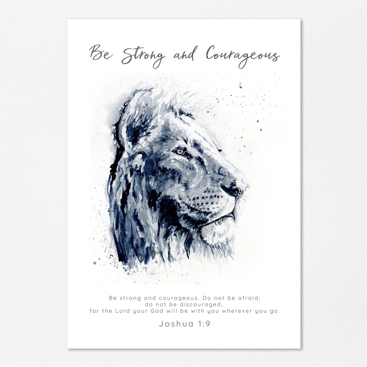 Joshua 1:9 – Black and white watercolour lion Bible verse print symbolising courage and faith.