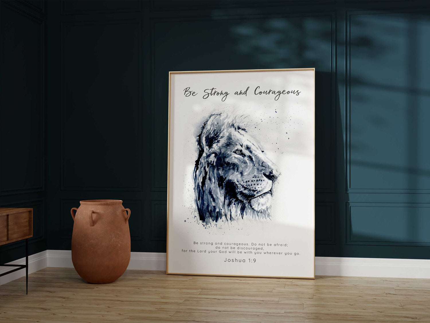 Joshua 1 9 watercolour wall art for Christian homes, Be Strong and Courageous scripture print in monochrome, Bible verses about courage