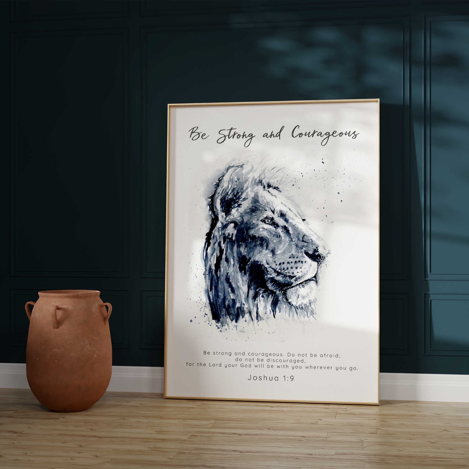 Joshua 1 9 watercolour wall art for Christian homes, Be Strong and Courageous scripture print in monochrome, Bible verses about courage