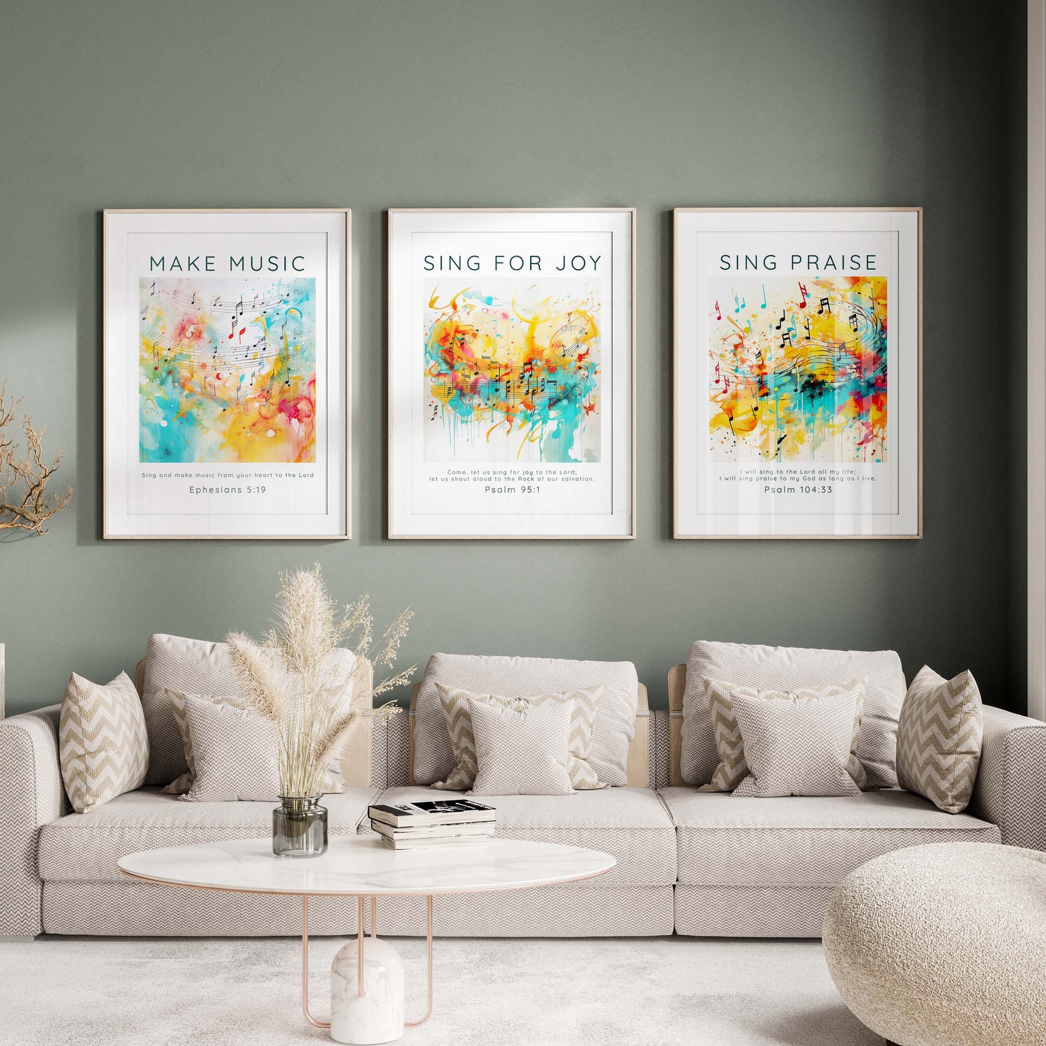 Psalm 95:1 abstract music print, Bible verse wall art in blues, Psalm 104:33 Christian home decor, Abstract music motifs in yellows