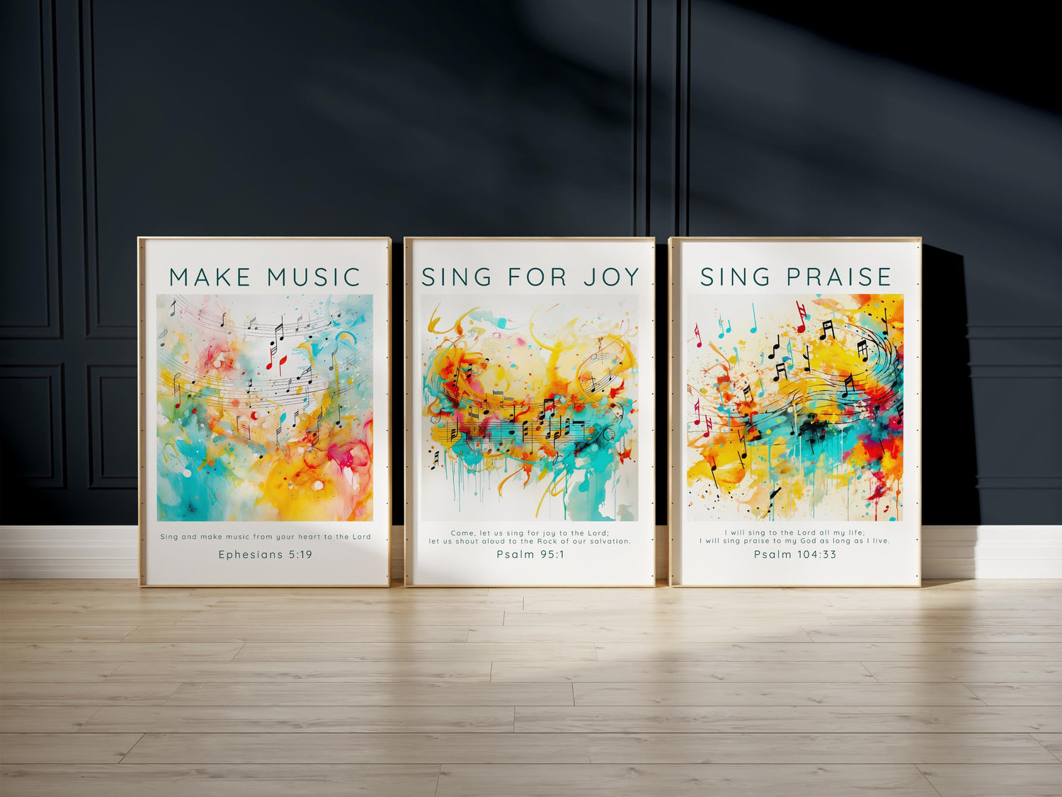 Ephesians 5:19 inspired art set, Psalm 95:1 worship wall hanging, Blues, yellows, reds music decor, Spiritual tunes home accents