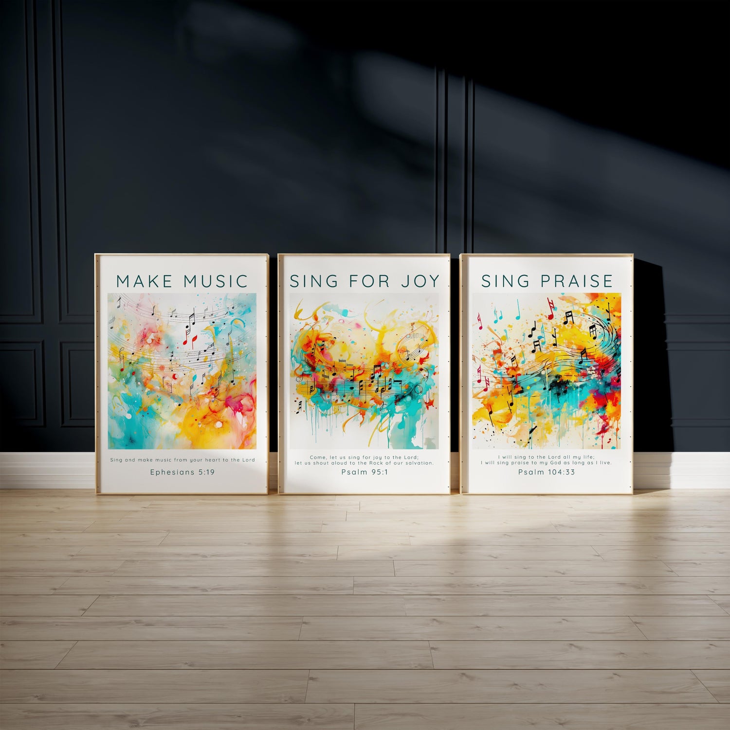 Ephesians 5:19 inspired art set, Psalm 95:1 worship wall hanging, Blues, yellows, reds music decor, Spiritual tunes home accents