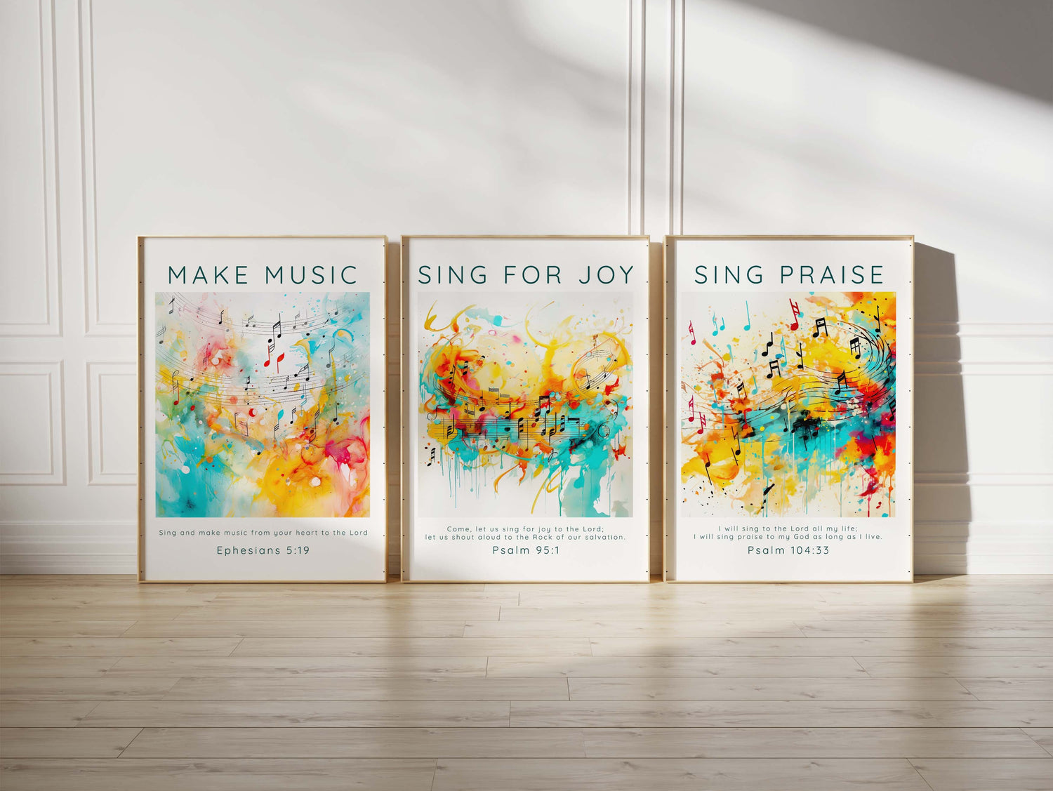 Psalm 95:1 abstract music print, Bible verse wall art in blues, Psalm 104:33 Christian home decor, Abstract music motifs in yellows