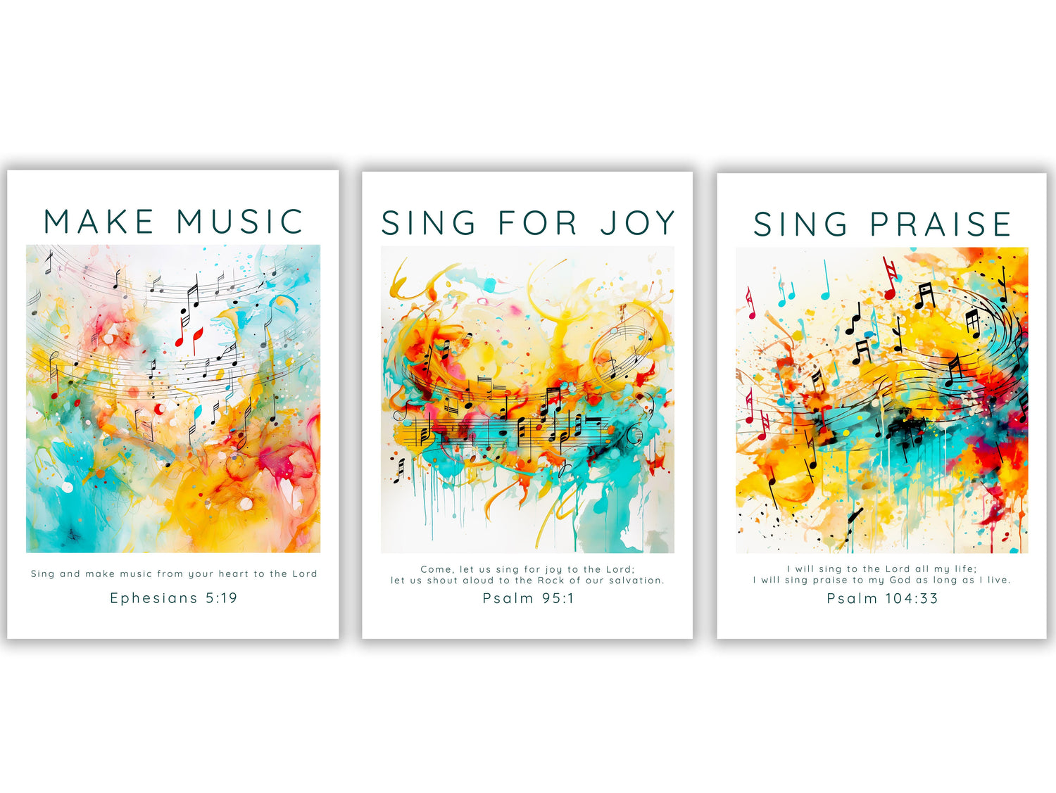 Ephesians 5:19 inspired art set, Psalm 95:1 worship wall hanging, Blues, yellows, reds music decor, Spiritual tunes home accents