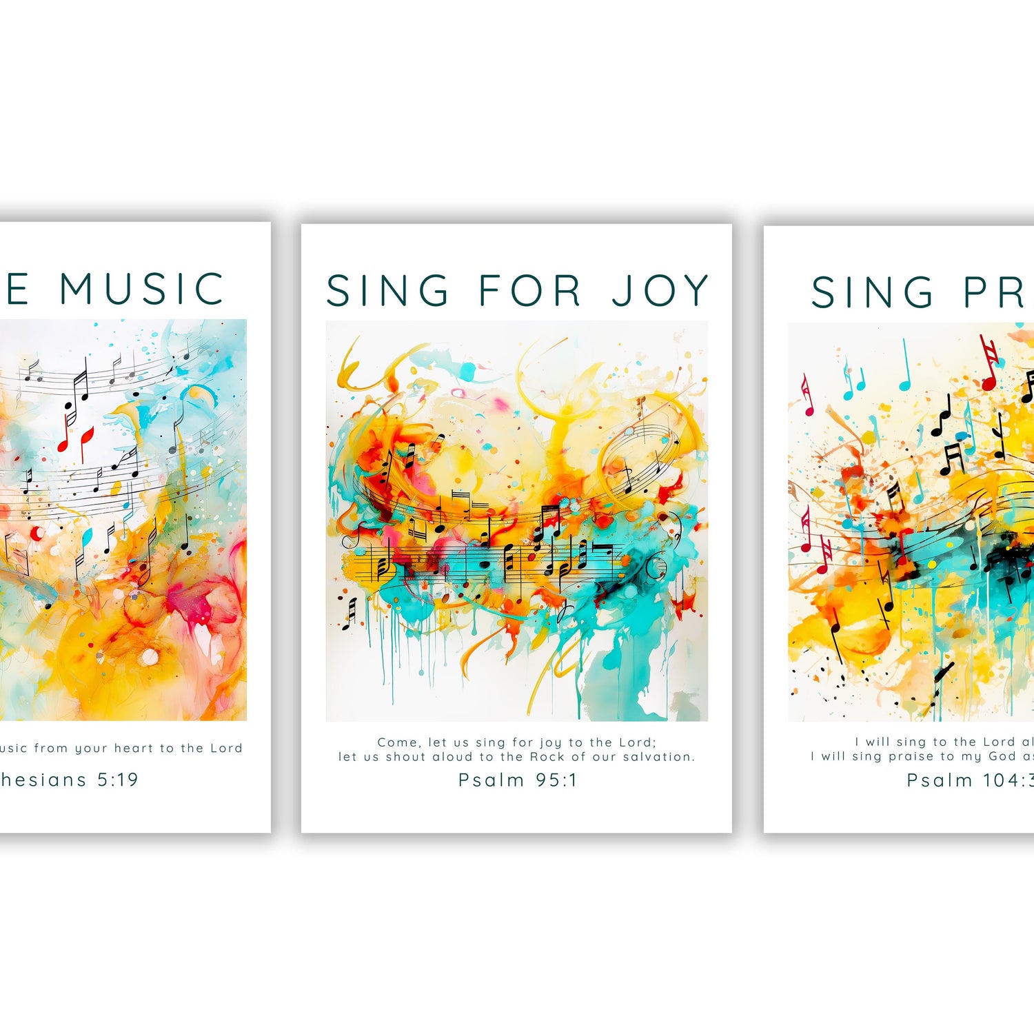 Ephesians 5:19 inspired art set, Psalm 95:1 worship wall hanging, Blues, yellows, reds music decor, Spiritual tunes home accents