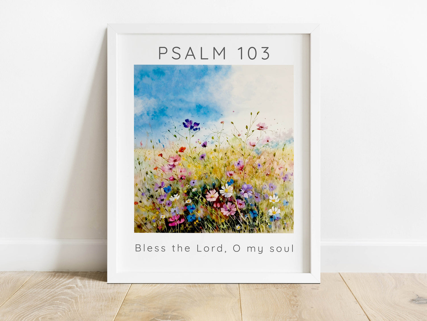 Psalm 103 Verse in Wildflower Meadow Setting, Bless The Lord O My Soul Art Print, Serene Meadow Landscape Christian Wall Art