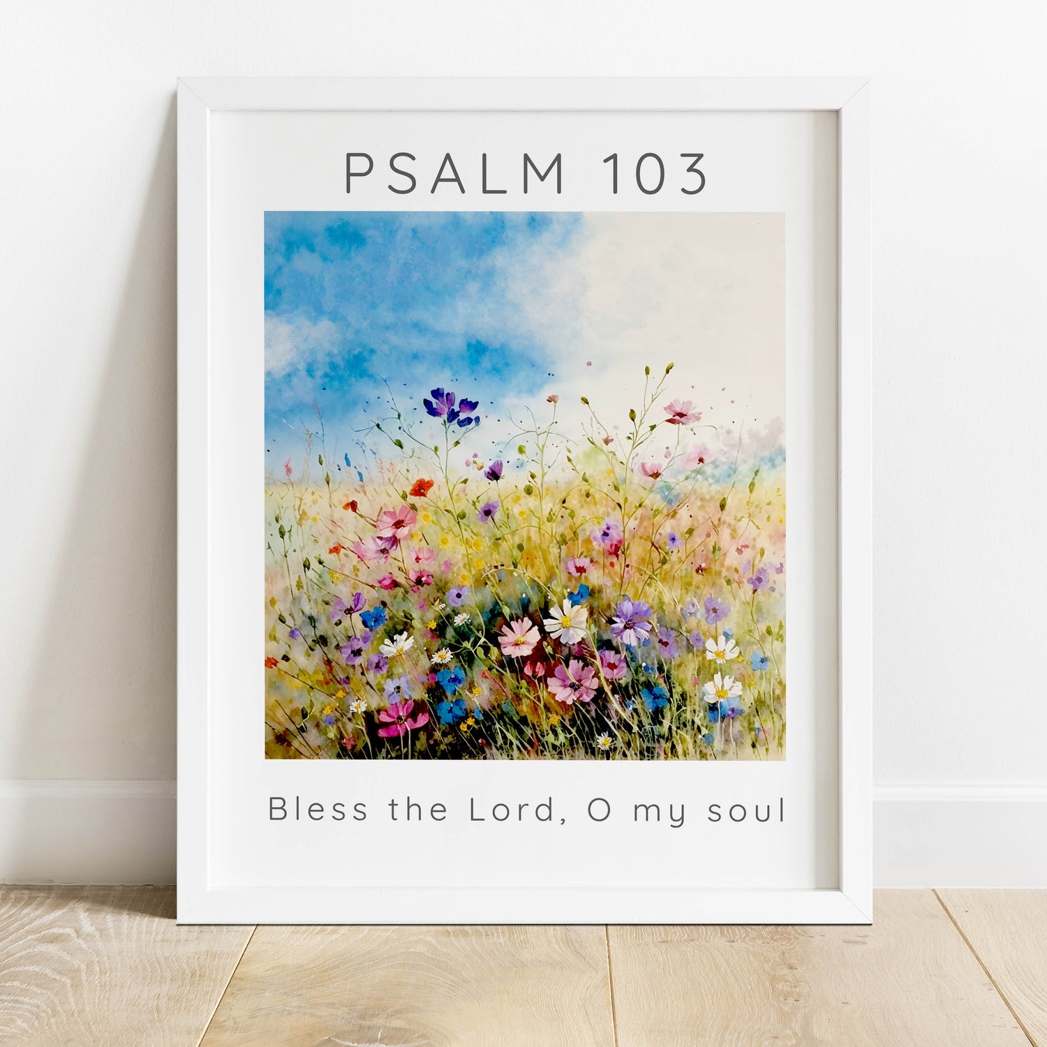 Psalm 103 Verse in Wildflower Meadow Setting, Bless The Lord O My Soul Art Print, Serene Meadow Landscape Christian Wall Art