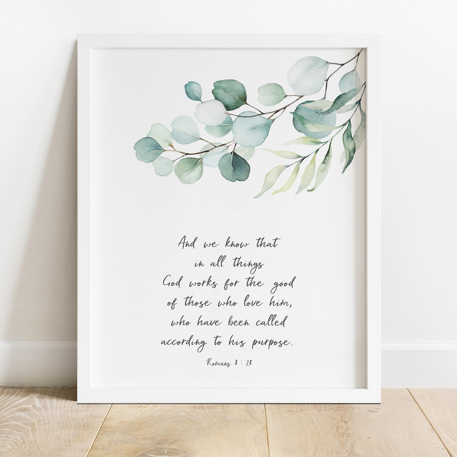 Biblical promise in nature-inspired wall decor, Christian home decor with meaningful scripture, Botanical design and Romans 8:28 art
