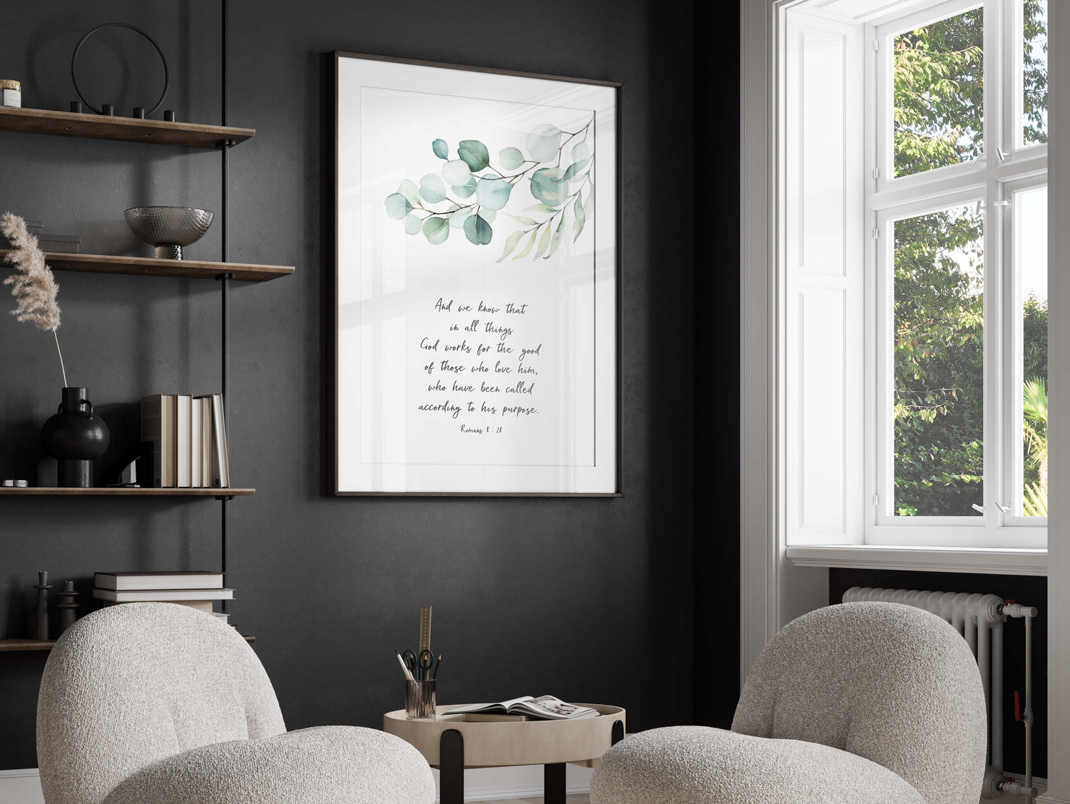 Transformative Romans 8:28 Christian artwork, Nature's beauty meets scripture in wall art, Romans 8:28 verse surrounded by botanicals