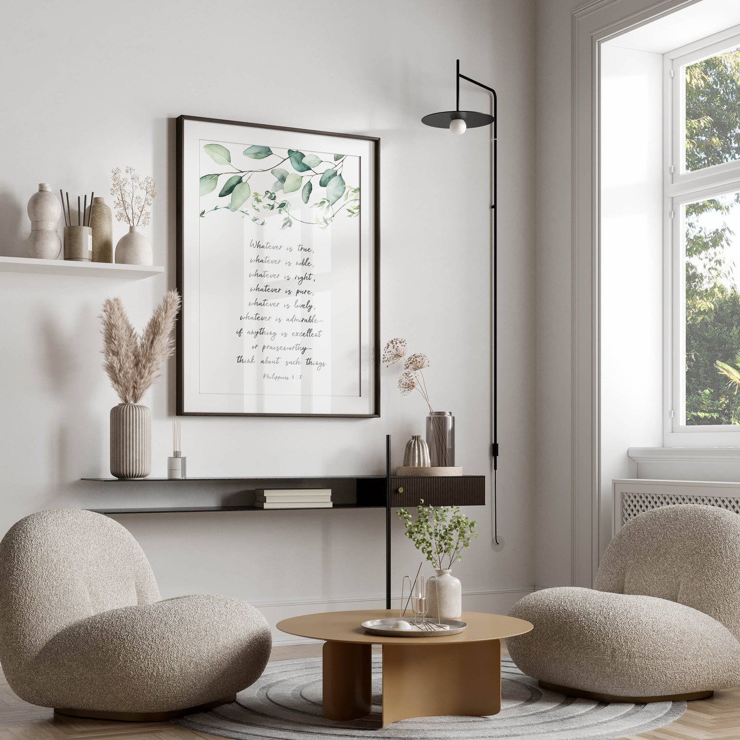 Inspirational scripture art for living room, Philippians 4:8 verse on green eucalyptus print, Christian bedroom wall art