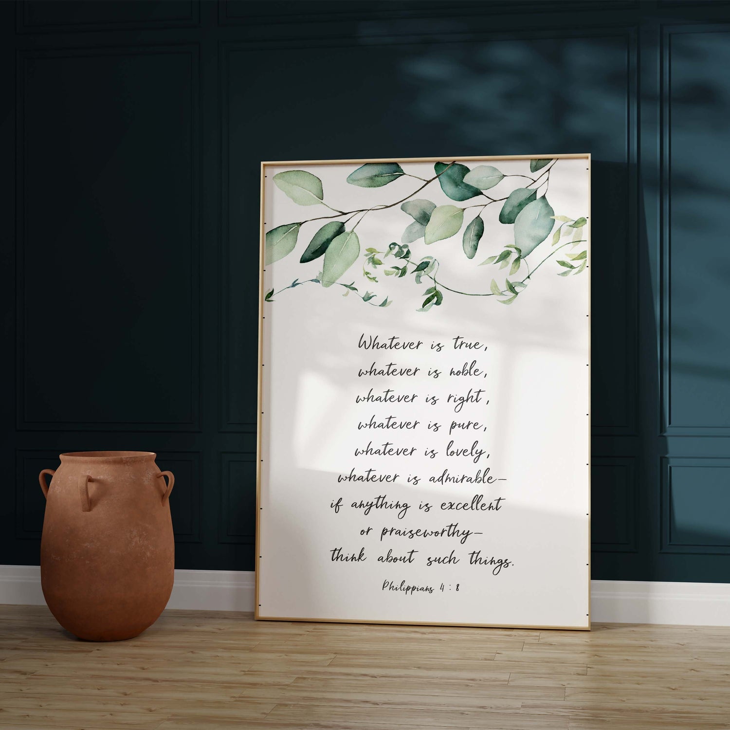 Elegant eucalyptus leaf canvas with Bible verse, Reflective Christian artwork for positive thinking, home decor with Philippians 4:8