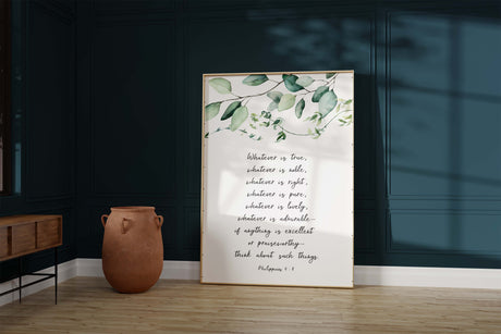 Elegant eucalyptus leaf canvas with Bible verse, Reflective Christian artwork for positive thinking, home decor with Philippians 4:8