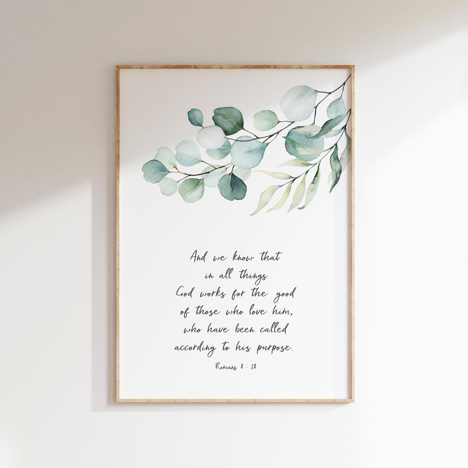 Christian wall art with Romans 8:28 quote, Nature-inspired Romans 8:28 Christian decor, Inspirational botanical scripture wall print