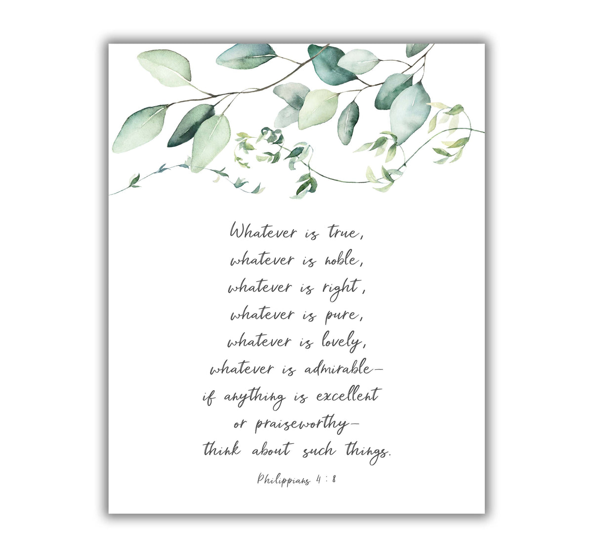 Philippians 4:8 - Bible verse wall art featuring leaf wreath and noble pure lovely admirable text.