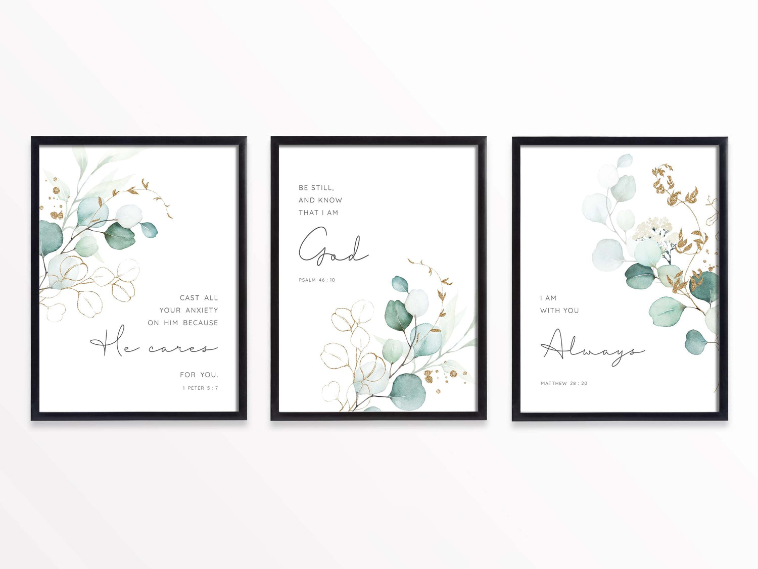 Scripture Print Set, Botanical Print Set of 3, Green Eucalyptus Print Bible Verses, Christian Prints Kitchen Decor, New Modern Christian Art