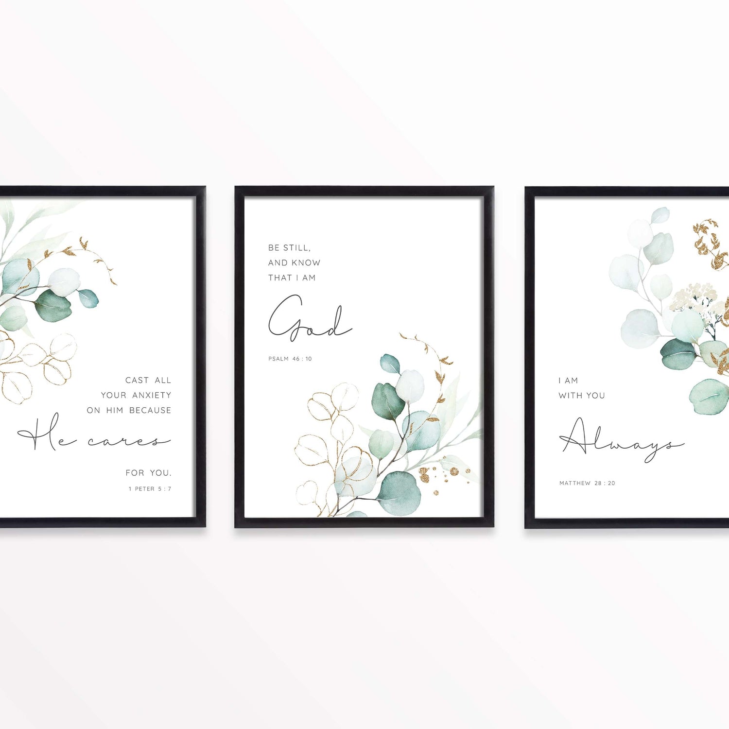 Scripture Print Set, Botanical Print Set of 3, Green Eucalyptus Print Bible Verses, Christian Prints Kitchen Decor, New Modern Christian Art