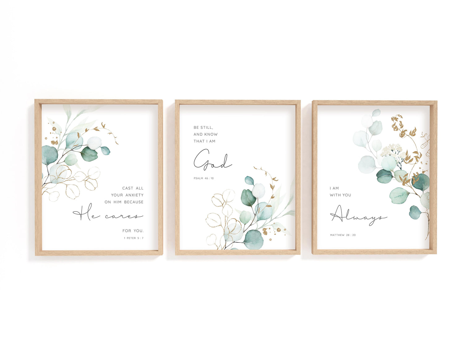 New Modern Christian Art, Green Eucalyptus Print Bible Verses, Christian Prints Kitchen Decor, Sage Green Custom Quote Wall Art, Matthew 28 20 Art