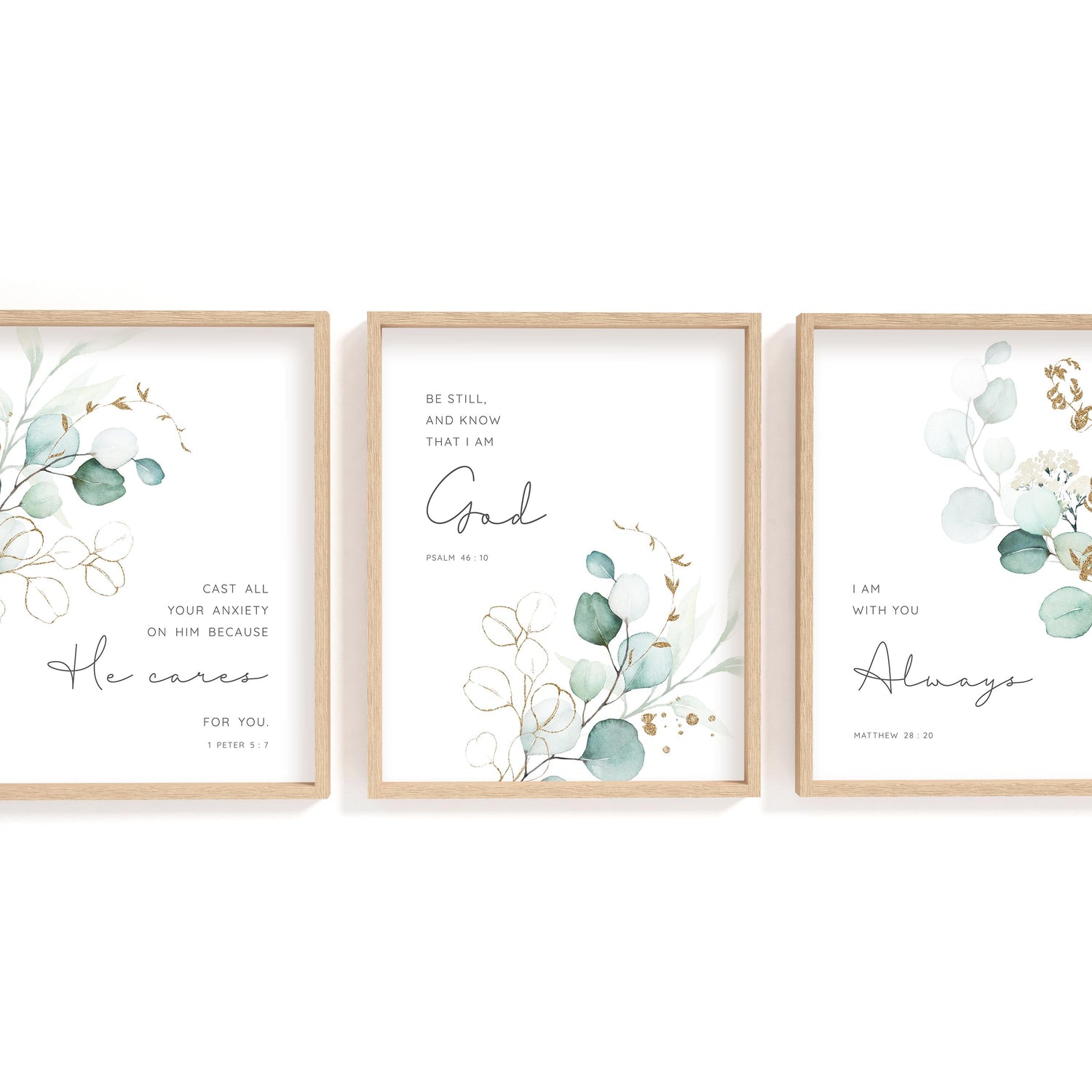 New Modern Christian Art, Green Eucalyptus Print Bible Verses, Christian Prints Kitchen Decor, Sage Green Custom Quote Wall Art, Matthew 28 20 Art