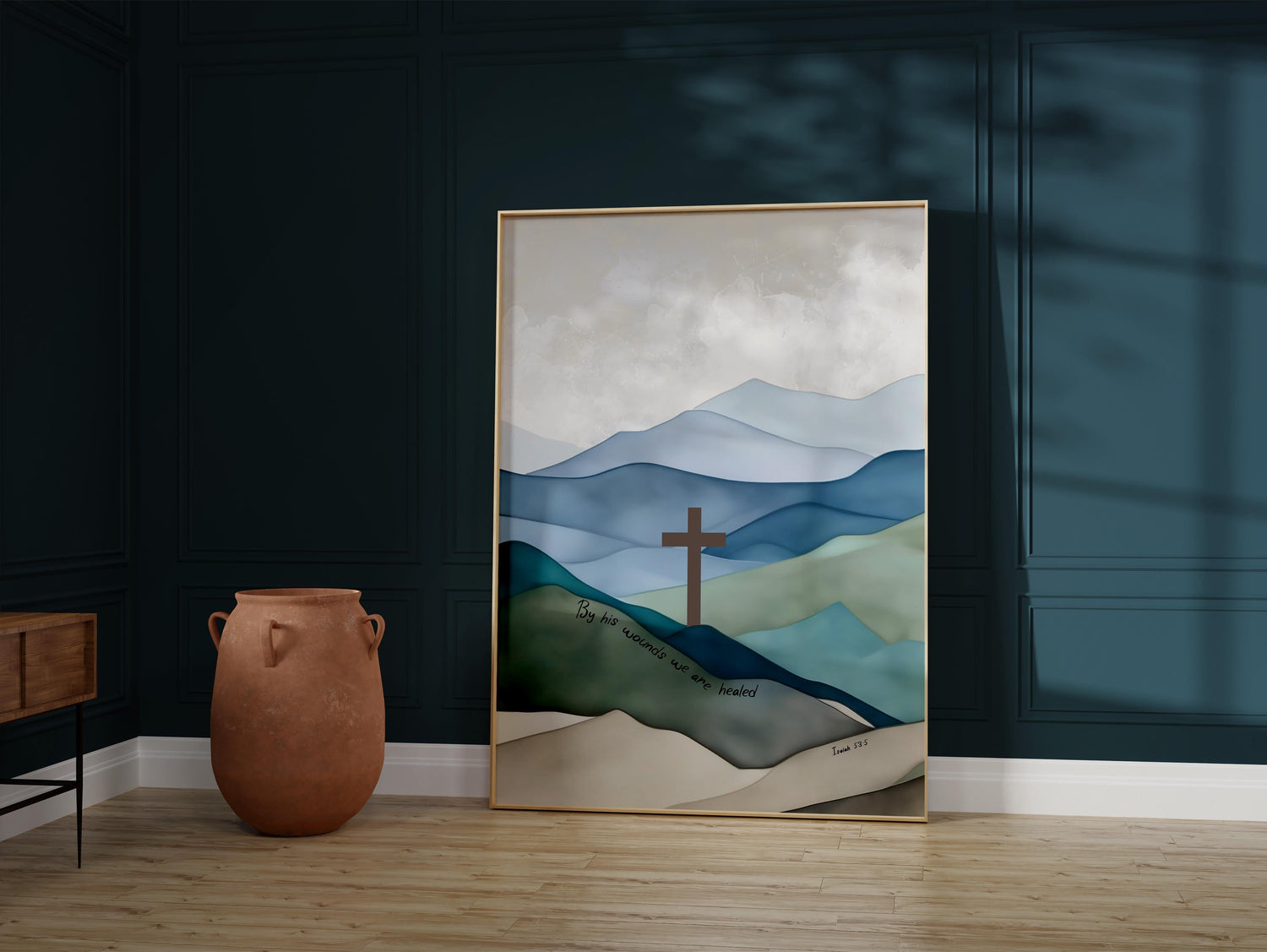 Isaiah 53:5 Jesus print for home decor, Blue and green mountains with Bible verse, Cross atop rolling hills scripture art