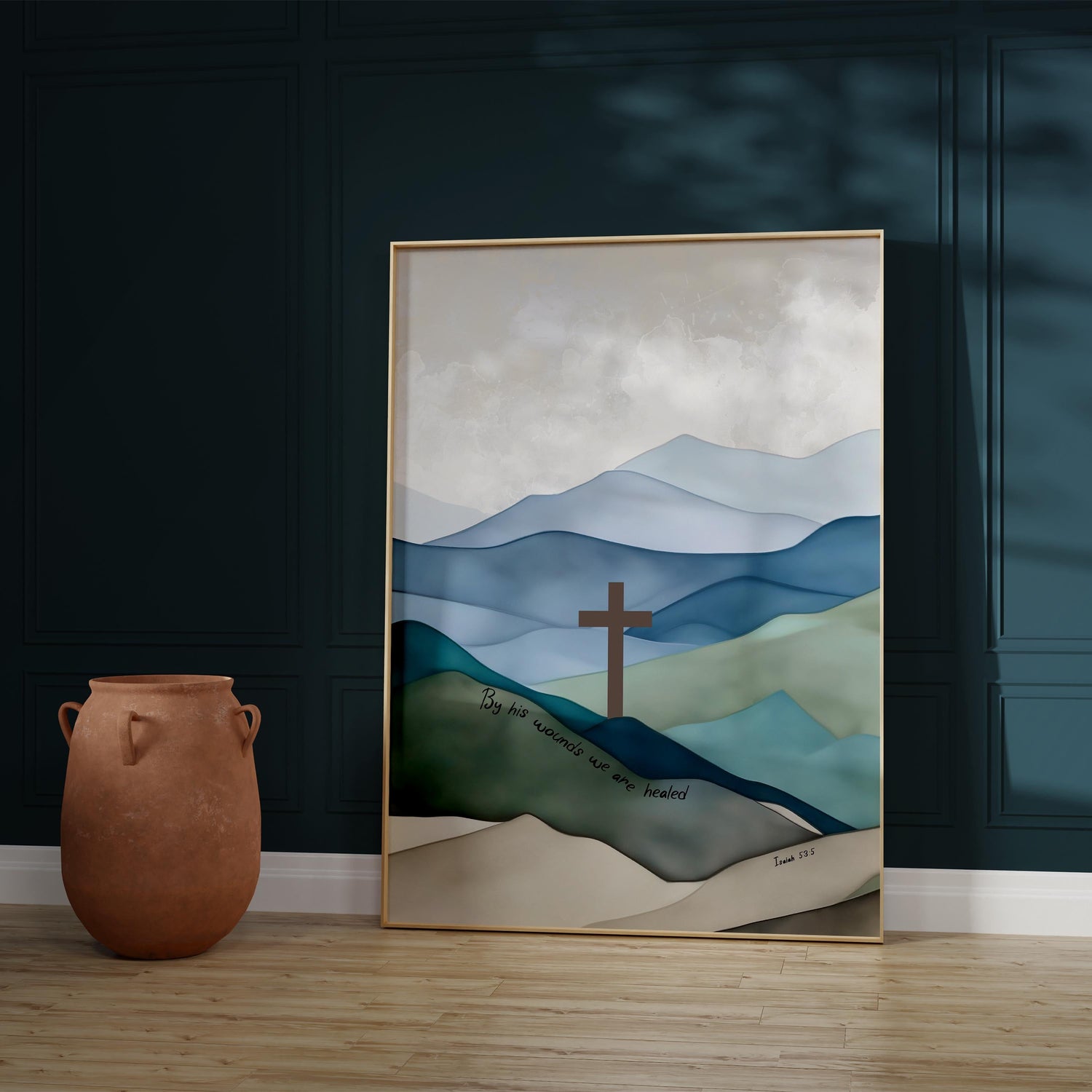 Isaiah 53:5 Jesus print for home decor, Blue and green mountains with Bible verse, Cross atop rolling hills scripture art