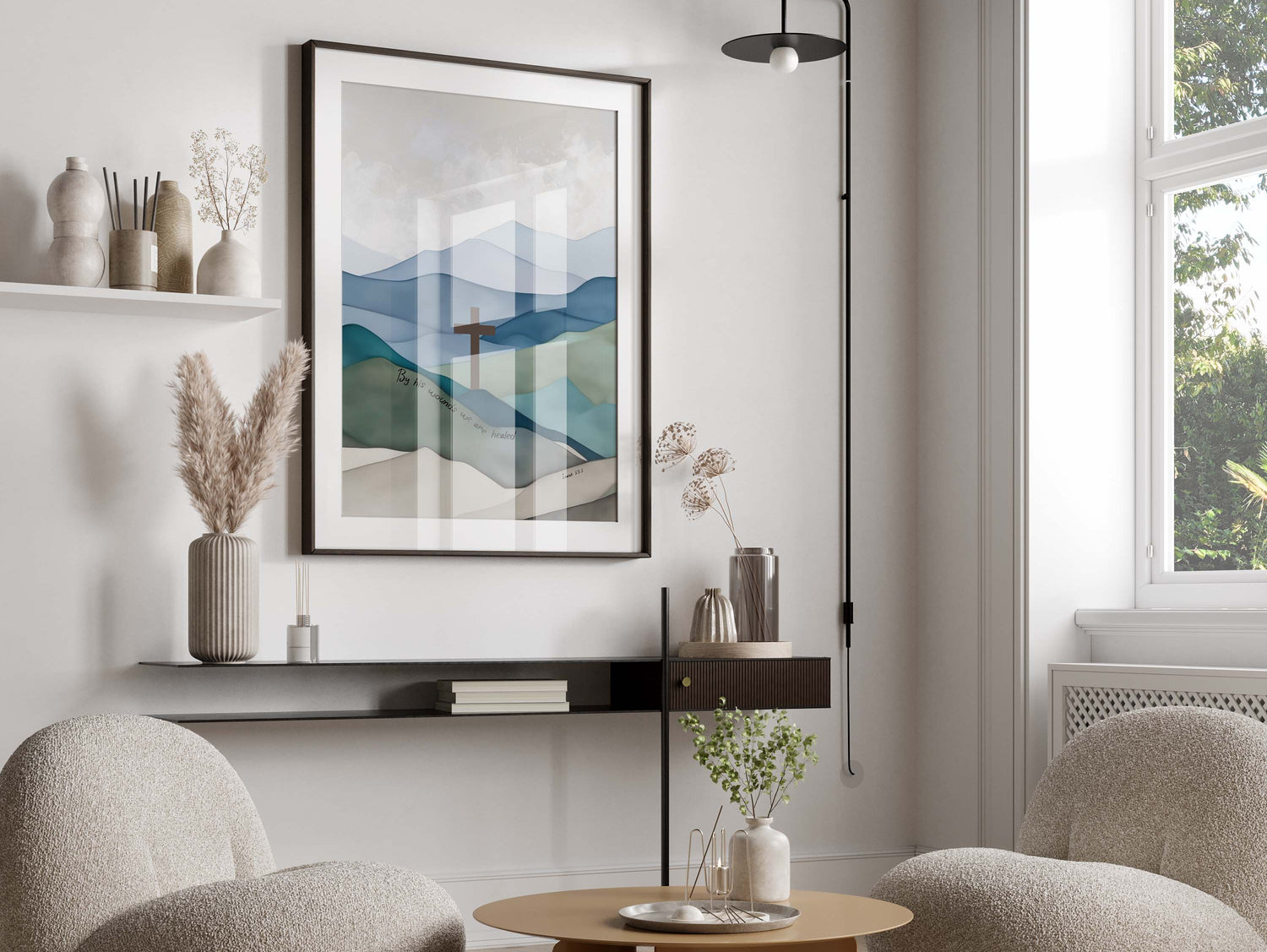 Christian wall decor with nature symbolism, By His Wounds We Are Healed framed print, Spiritual cross on mountain landscape poster