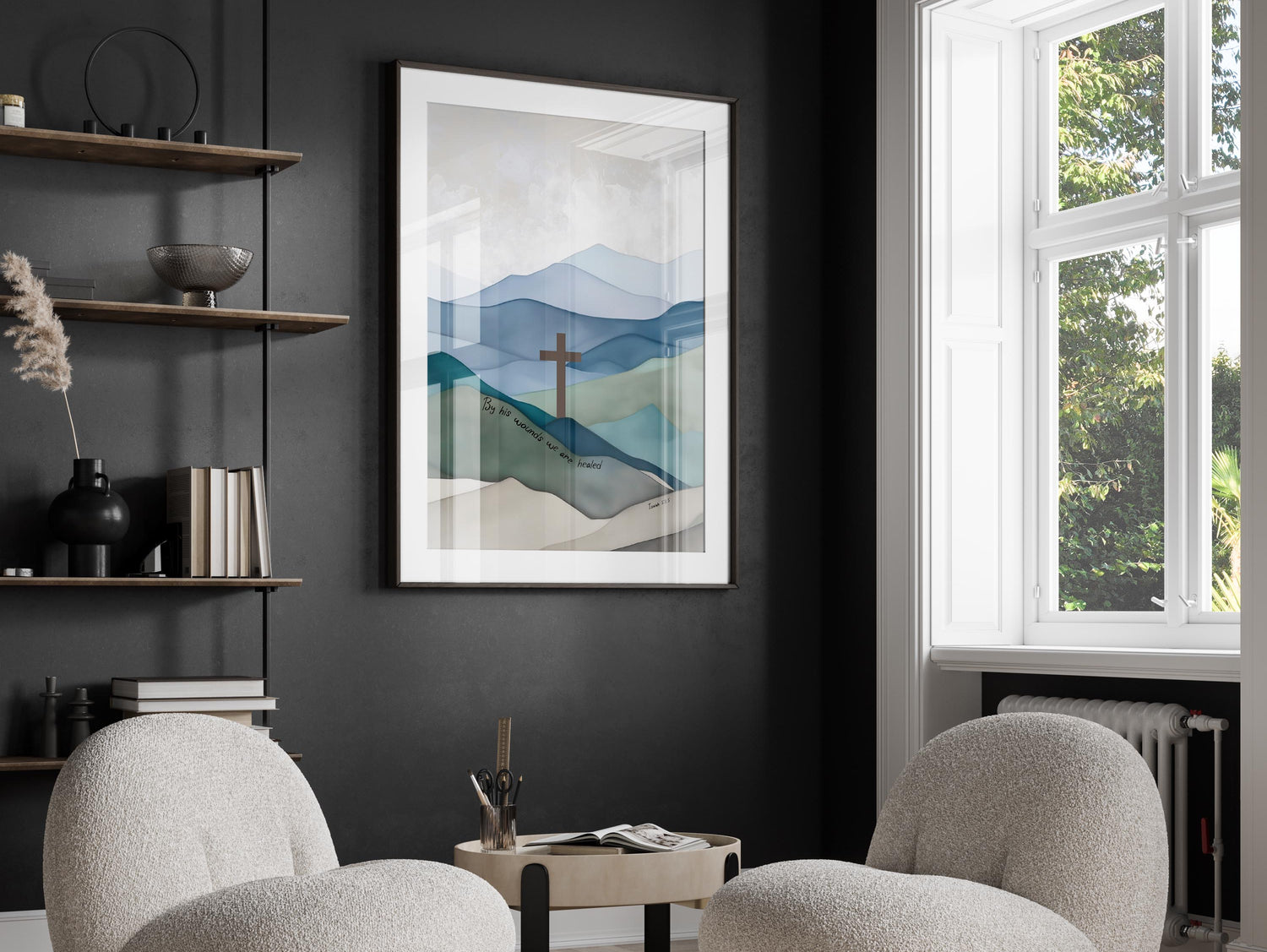 Isaiah 53:5 inspirational Jesus wall art, Tranquil mountains with healing scripture, Redeeming grace cross on hills artwork