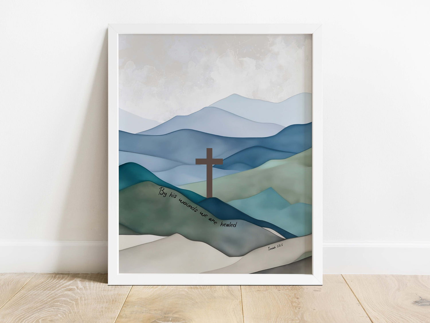 Contemporary Christian home decoration, Thoughtful gift: Isaiah 53:5 cross print, Nature-inspired healing verse wall decor