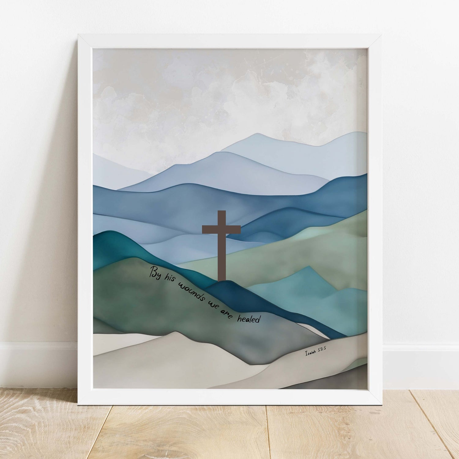 Contemporary Christian home decoration, Thoughtful gift: Isaiah 53:5 cross print, Nature-inspired healing verse wall decor