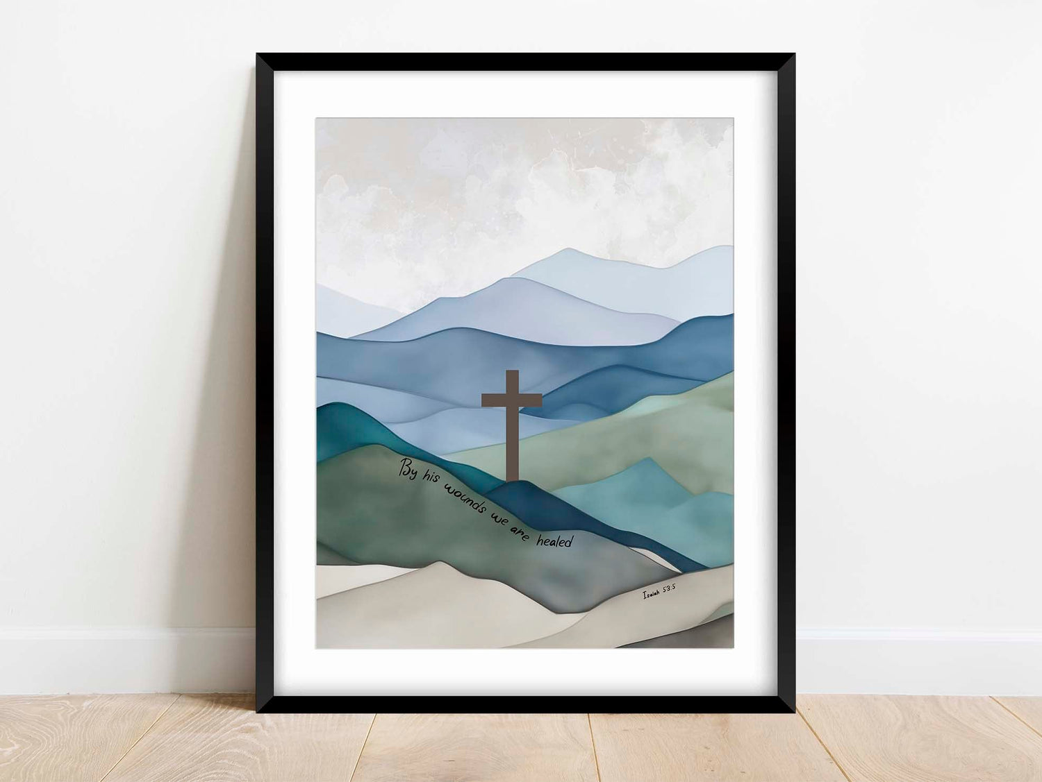 Symbolic cross amidst scenic beauty art, Inspirational Jesus cross in blue-green hues, Isaiah 53 5 Jesus Cross Wall Art