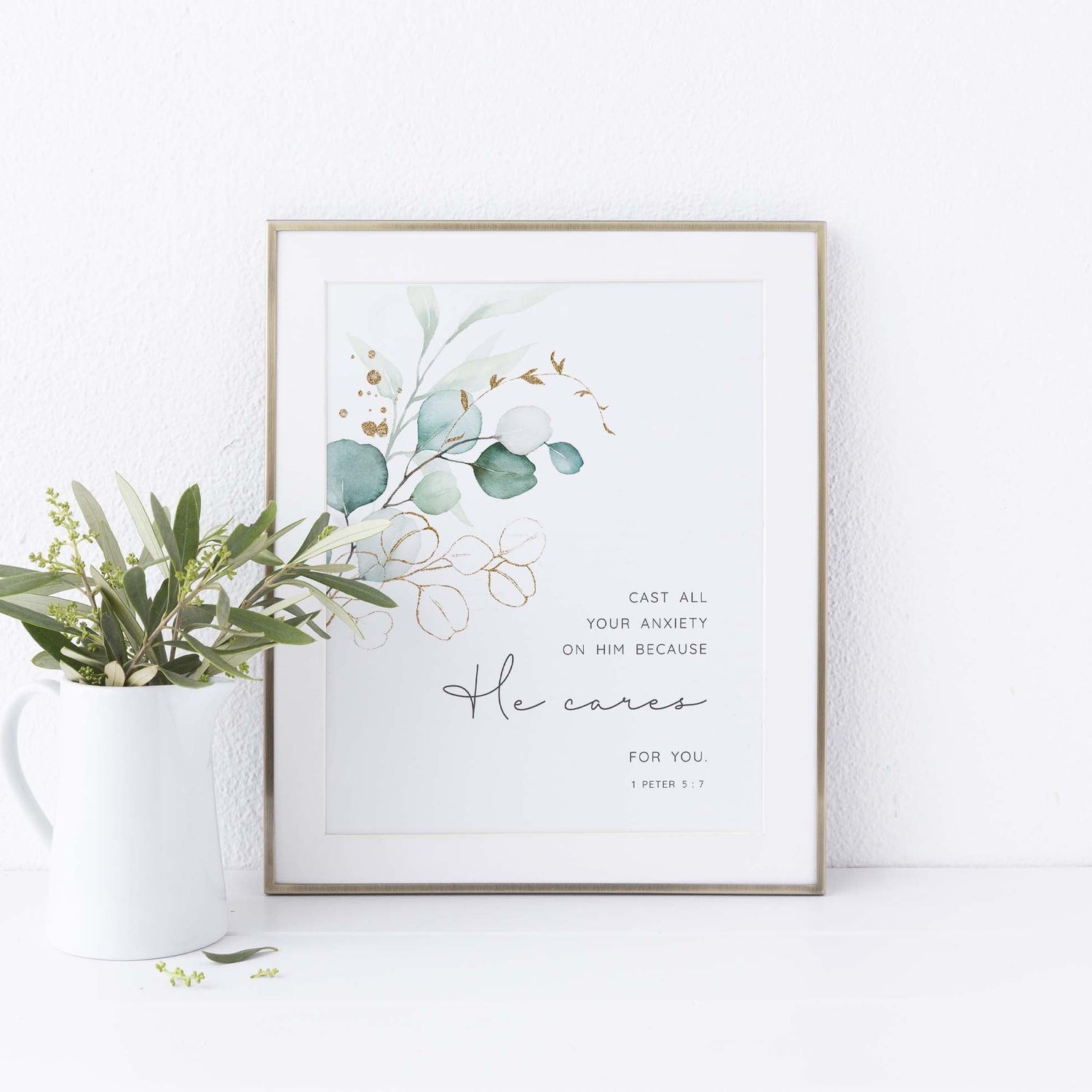 Cast All Your Cares on Him Because He Cares for You Print, 1 Peter 5 7, Christian Wall Art, Christian Gifts, Bible Verse Print